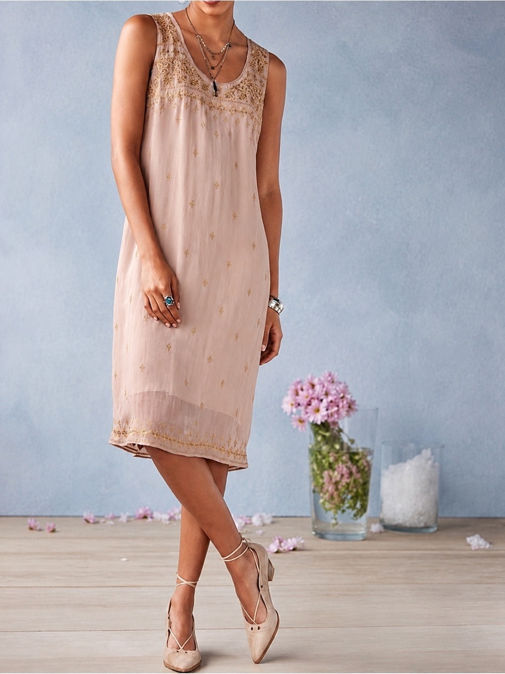 Sundance Harlow Gold Embroidered Knee Length Sleeveless Tank Dress Boho Sz S